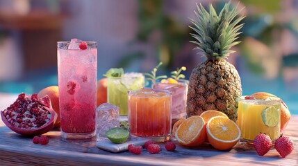 fresh drinks and fruit on the table