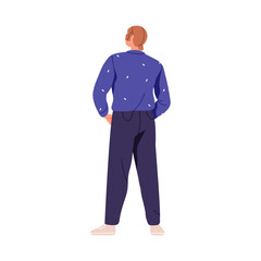 Man from behind, back side, rear view, standing with head turned, looking and watching. Male character in casual clothes, spectator facing away. Flat vector illustration isolated on white background
