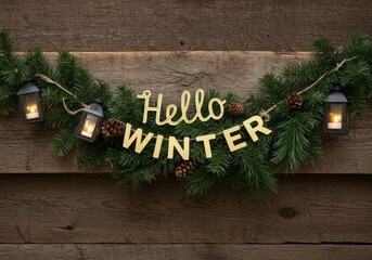 Christmas garland with hello winter text on wooden wall. Holiday banner for seasonal design. Winter greeting card.