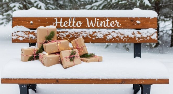 Hello Winter text on a brown wooden bench covered in snow with festive gift boxes. Christmas and holiday season concept background.
