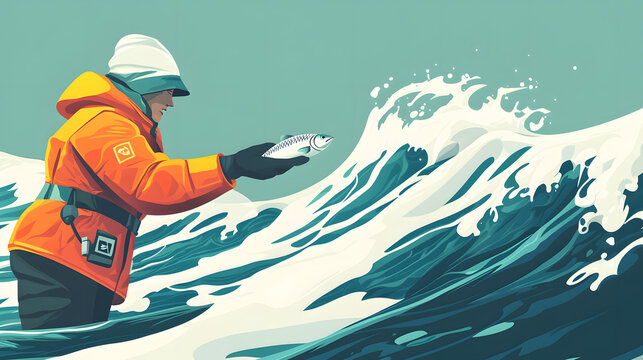 A dedicated marine biologist in a vibrant orange parka carefully releases a small, silver fish back into the turbulent, stylized ocean waves.