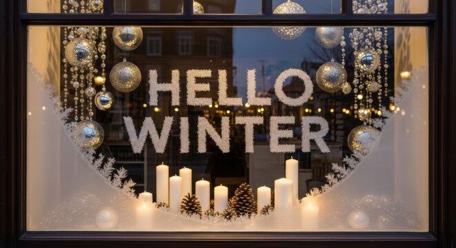 Shop window decorated with a Hello Winter sign and Christmas ornaments. Retail display for Holiday season marketing. - Powered by Adobe