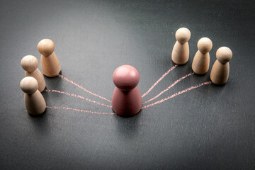 Leadership and communication strategy with central figure and team interaction lines