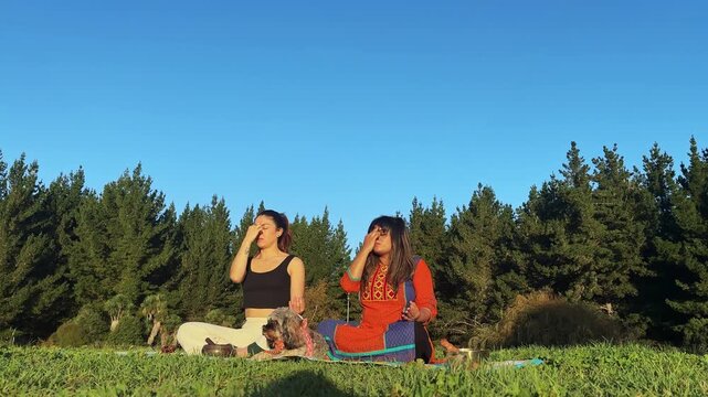 Women practicing alternate nostril breathing in New Zealand