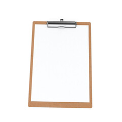 A brown clipboard with a metal clip holding blank white papers , transparent background, 3d, png