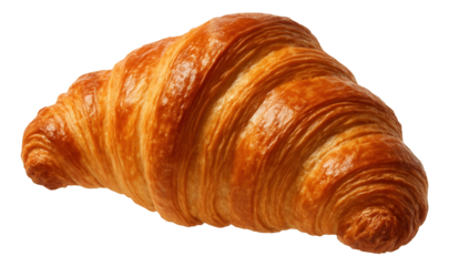 Golden-brown croissant with flaky layers, steam rising visibly.