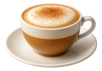 A cappuccino in a ceramic saucer with milk foam and a dusting of nutmeg.