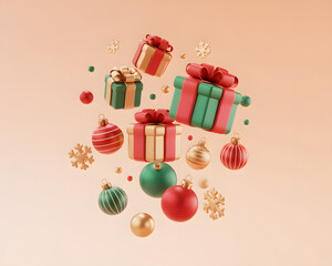 Floating Christmas gifts and ornaments 3D render