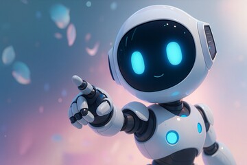 A cute AI robot with glowing blue eyes, pointing its finger on a dreamy pastel background. 3D render.