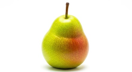 A single pear, green and red with a brown stem, stands upright against a plain white background.