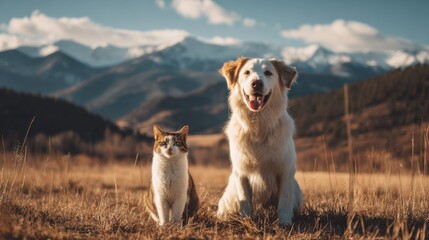 A dog and cat sitting together in a scenic mountain landscape under a clear blue sky.