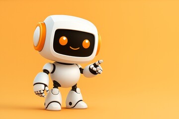 Cute AI robot character with glowing yellow eyes on a bright orange background. 3D render with copy space.
