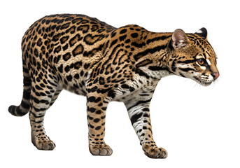 Obraz premium Striking image of a wild jaguar walking on a black background showcasing detailed fur pattern and