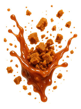 Caramelized biscuit crumb caught in motion, with a glossy finish.