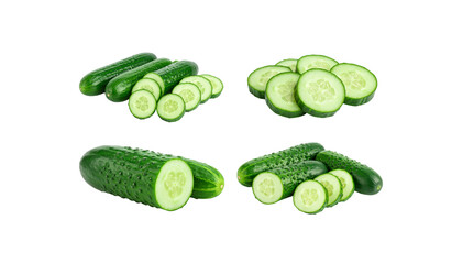 Fresh green cucumbers, a healthy organic vegetable, are isolated on a white background