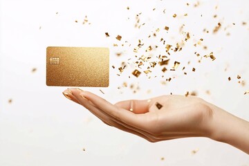 A hand elegantly holds a shimmering gold card amidst a cascade of sparkling confetti, symbolizing luxury and celebration. Perfect for financial themes.