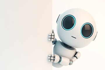 Cute AI robot character peeking from behind a blank white board. 3D render with copy space for your text.