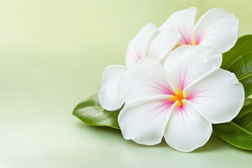 Delicate white plumeria blossoms with green leaves on a pale green background