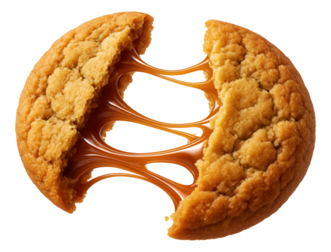 Cookie split apart, glossy caramel threads linking pieces.