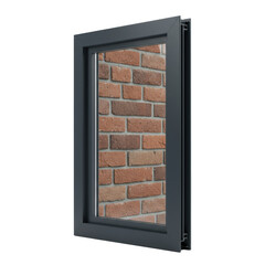 A pristine, modern window unit with a sleek dark grey aluminum frame and large reflective glass, revealing a rustic, weathered red brick wall through it, impeccably isolated on a transparent