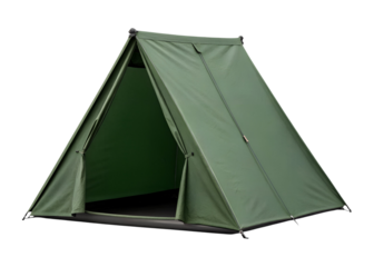 A green classic camping tent stands ready for adventure. This durable outdoor shelter is isolated on a transparent background, perfect for a png image.