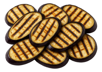 Chargrilled eggplant slices with visible grill lines, layered in a pattern.