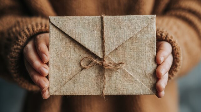 Close-up of a person holding a wrapped gift box with a rustic twine bow, suggesting celebration or giving gesture