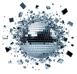 Silver glass disco mirror ball exploding into shard pieces, isolated