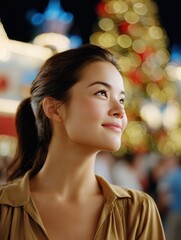 Beautiful young woman gazes upwards, festive bokeh lights. Her serene expression soft features create sense peace, joy, wonder. Portrait captures beauty moment.