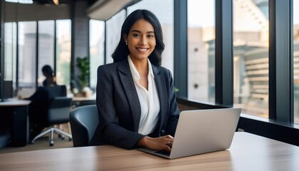 Professional Indian Businesswoman with Laptop at Desk in Modern Office Environment