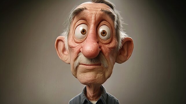 3D render of cartoonish elderly man with exaggerated features, showcasing expressive eyes and charmingly quirky demeanor in isolated background