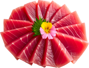 Slices of vibrant red tuna sashimi are arranged in a circular pattern, garnished with a green leaf and a pink and yellow flower.