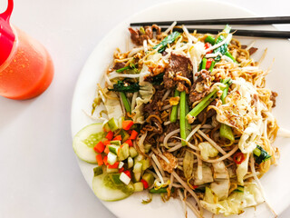 Delicious Asian Stir-fried Noodles with Vegetables and Meat on a White Plate