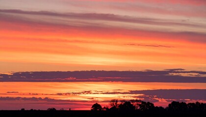Vibrant orange and pink sunset over silhouetted trees.