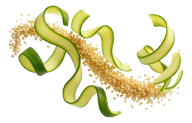 Zucchini ribbons and cooked quinoa grains aligning in a mid-air trajectory.
