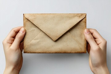 A pair of hands gracefully holding a weathered, vintage envelope, evoking nostalgia and an appreciation for traditional correspondence.