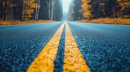 Empty road through autumn forest, yellow lines