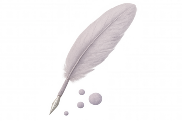 Vintage quill pen with light purple feather, dripping ink, resting elegantly on transparent surface, symbolizing classic writing artistry