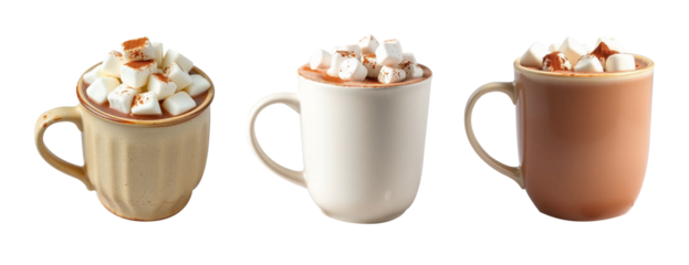 Three mugs of hot chocolate with marshmallows on transparent background