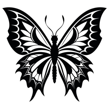 A vector illustration of a black and white butterfly tattoo design with floral elements, perfect for a decorative art pattern