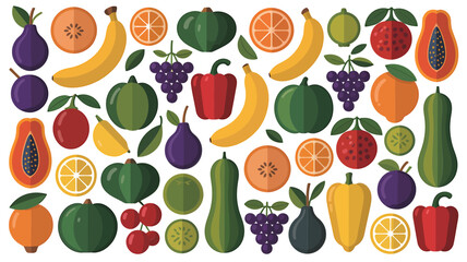 Vibrant assortment of fresh fruits and vegetables in a colorful pattern