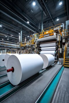 A large printing press facility with stacks of paper rolls An AI system is aligning pages for perfect output The mood feels smooth and dependable, Generative AI