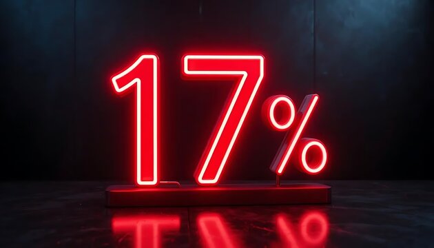 A bold and modern 17% discount sign displayed as glowing neon light text in bright red, standing on a reflective dark surface