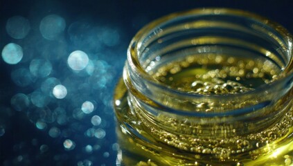 Close-up of a glass jar filled with golden liquid and bubbles.