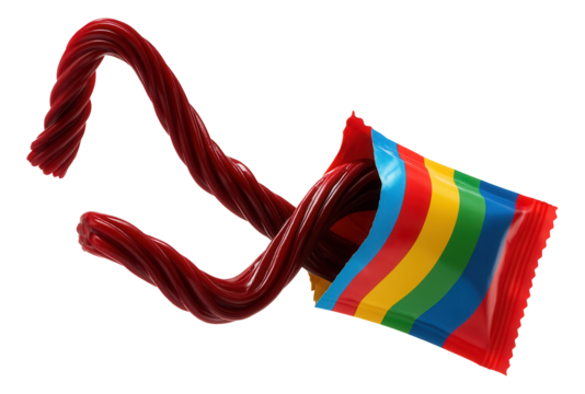 Stretchy licorice rope being extended from a colorful plastic wrapper, twisted strands visible.