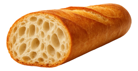 Halved baguette displaying a network of elongated air bubbles in the crumb.