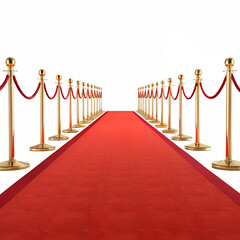 Elegant red carpet with golden stanchions and ropes leading into darkness isolated on transparent background