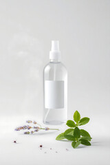 Transparent spray bottle with label space, herbal mint and lavender, organic beauty product packaging on light background
