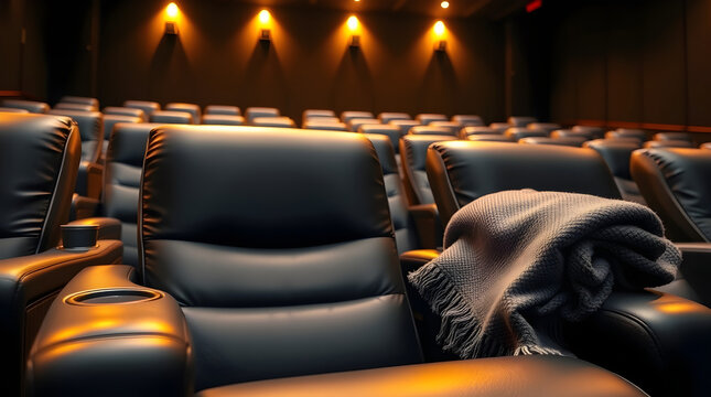 Comfortable blanket resting on empty leather seats in a dark movie theater