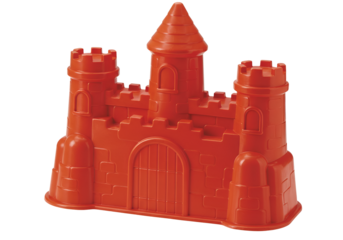 Toy castle made of orange plastic with turrets and a central tower for children's play and